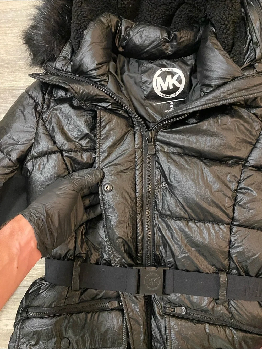 Michael Kors Black Puffer Coat with Belt & Faux-Fur Hood